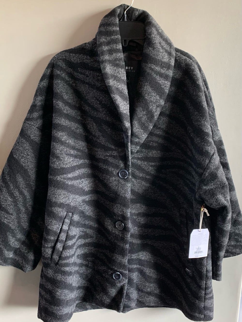 Obey Johnny Coat Black & Gray Zebra Shawl-Collar NWT
